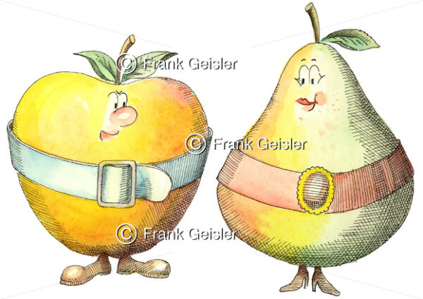 Cartoon Adipositas, Apfelform und Birnenform der Fettsucht - Medical Pictures