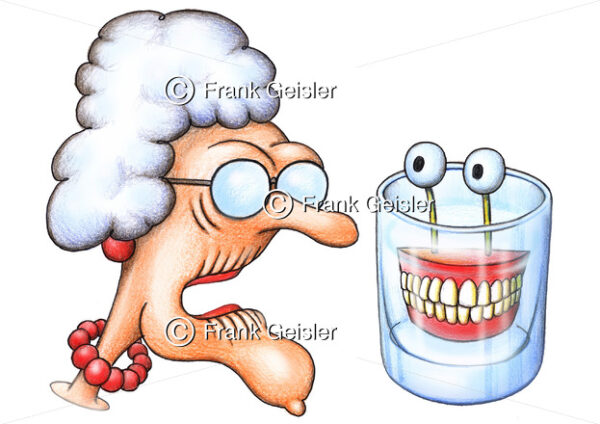 Cartoon Gebiss, Pflege der Dritten Zähne im Alter - Medical Pictures