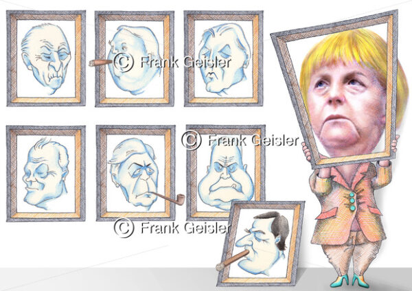 Karikatur Deutsche Bundeskanzler mit Frauenquote, Quotenfrau Bundeskanzlerin Angela Merkel - Medical Pictures